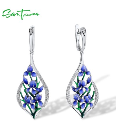 SANTUZZA 925 Sterling Silver Earrings White CZ Blue Orchid Flower Dangling Enamel Jewelry 