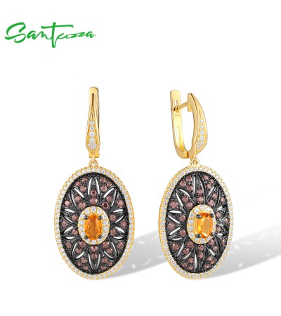 SANTUZZA 925 Sterling Silver Drop Earrings Chocolate CZ Chic Flower Jewelry