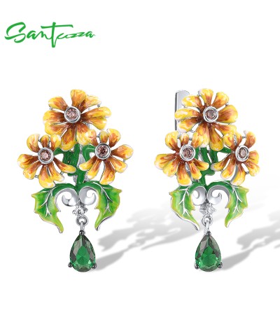 SANTUZZA 925 Sterling Silver Drop Earrings Green Stones Enamel Yellow Flower Fine Jewelry