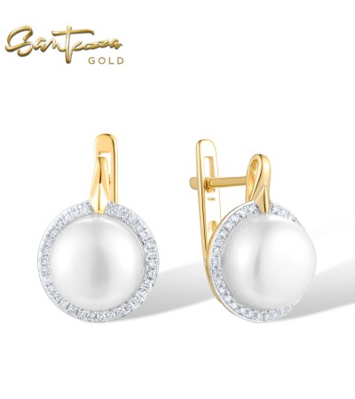 SANTUZZA 14K 585 Yellow Gold Earrings Sparkling Diamonds Fresh Water Pearl Fine Jewelry