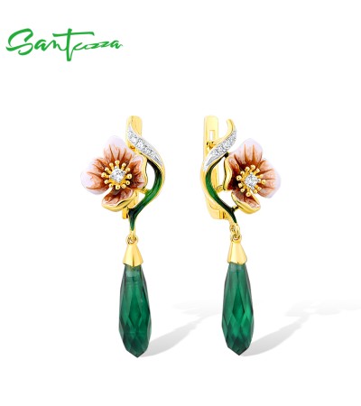 SANTUZZA 925 Sterling Silver Earrings Green &White Cubic Zirconia Delicate Flower Jewelry