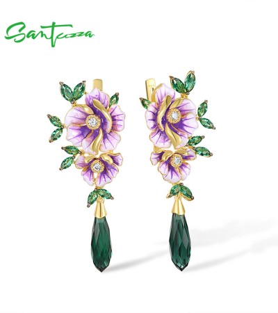 SANTUZZA 925 Sterling Silver Drop Earrings Green Stones White CZ Enamel Flower Fine Jewelry