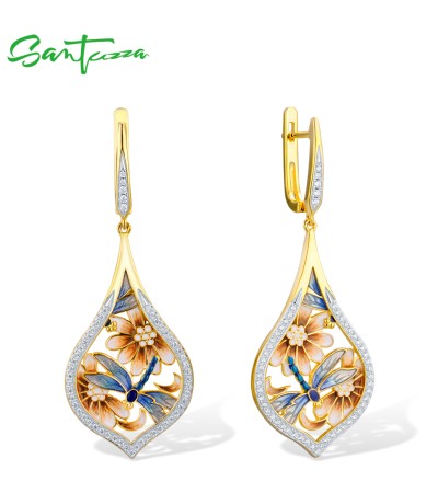 SANTUZZA Silver Earrings For Women Pure 925 Sterling Silver Flower Blue Dragonfly Trendy Gift Party Fine Jewelry Handmade Enamel