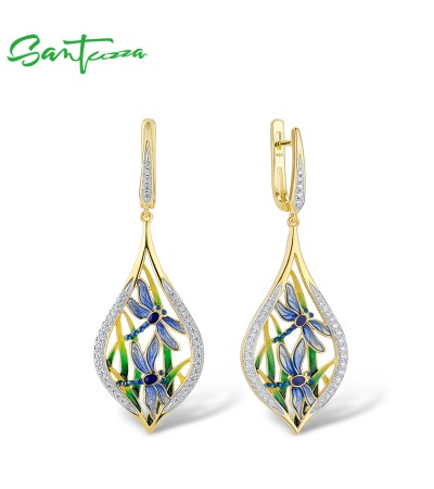 SANTUZZA 925 Sterling Silver Earrings White CZ Blue Enamel Dragonfly Dangling Jewelry 