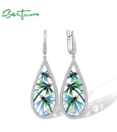 SANTUZZA 925 Sterling Silver Earrings White CZ Green Enamel Dragonfly Jewelry
