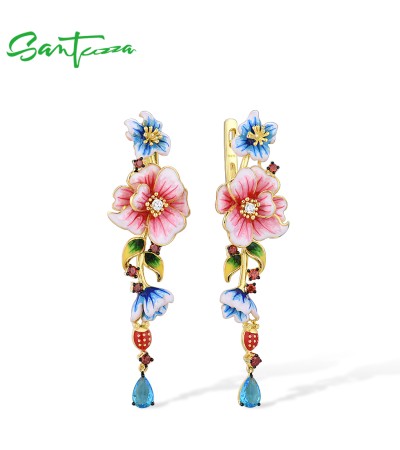 SANTUZZA 925 Sterling Silver Drop Earrings Colorful Flowers Long Enamel Jewelry