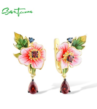 SANTUZZA 925 Sterling Silver Drop Earrings Garnet CZ Delicate Flower Enamel Fine Jewelry