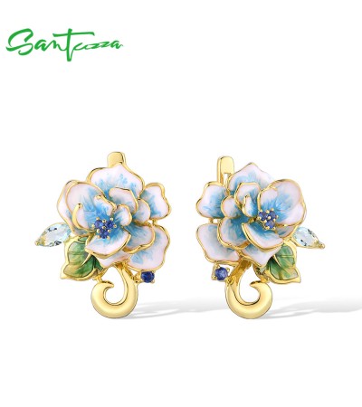 SANTUZZA 925 Sterling Silver Earrings Blue Blooming Flower Jewelry Enamel