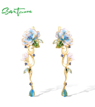 SANTUZZA 925 Sterling Silver Earrings Blue Blooming Flower Jewelry Enamel