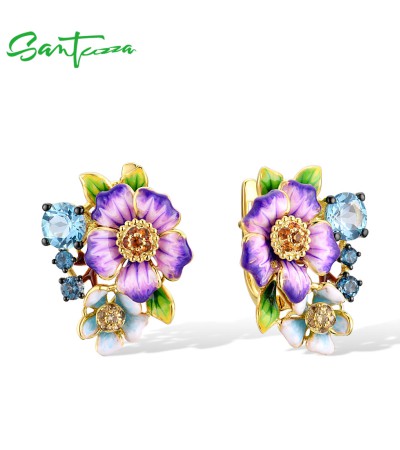SANTUZZA 925 Sterling Silver Earrings Blue Spinel Purple Flower Fine Jewelry Enamel