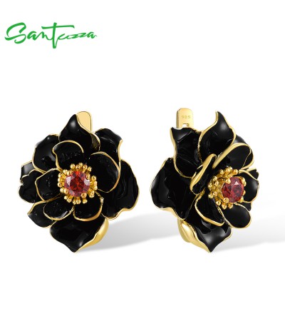 SANTUZZA 925 Sterling Silver Earrings BlackLotus Enamel Flower Garnet Fine Jewelry 