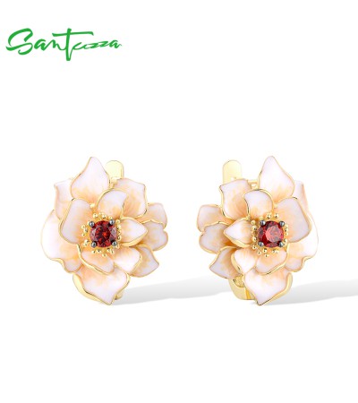 SANTUZZA 925 Sterling Silver Earrings White Lotus Flower Garnet Fine Jewelry Enamel