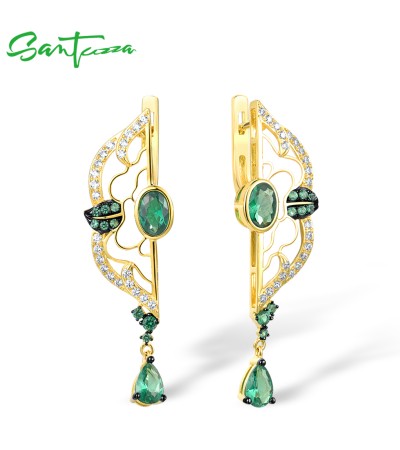 SANTUZZA 925 Sterling Silver Earrings White CZ Green Spinel Enamel Peony Gold Color Fine Jewelry
