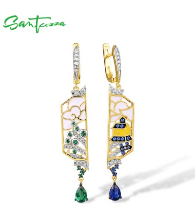 SANTUZZA 925 Sterling Silver Dangling Earrings Blue CZ Green Spinel White Enamel Asymmetric Fine Jewelry