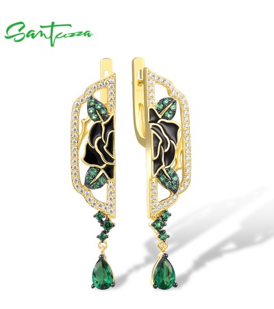 SANTUZZA 925 Sterling Silver Earrings White CZ Green Spinel Enamel Peony Gold Color Fine Jewelry