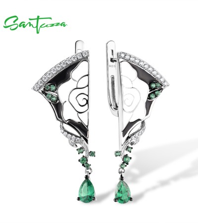 SANTUZZA 925 Sterling Silver Earrings White CZ Green Spinel Peony Handmade Enamel Fine Jewelry