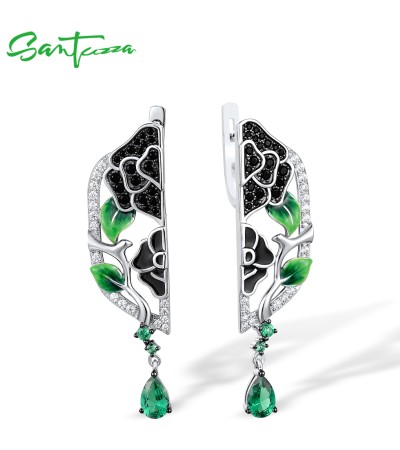 SANTUZZA 925 Sterling Silver Drop Earrings White CZ Black/Green Spine Enamel Peony Fine Jewelry