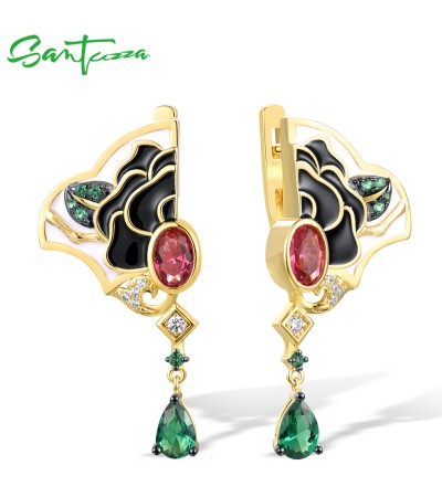 SANTUZZA 925 Sterling Silver Earrings White CZ Green Spinel Enamel Peony Gold Color Fine Jewelry