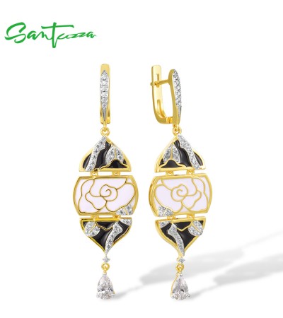 SANTUZZA 925 Sterling Silver Dangling Earrings Oriental Peony Flower White/Black Enamel Fine Jewelry