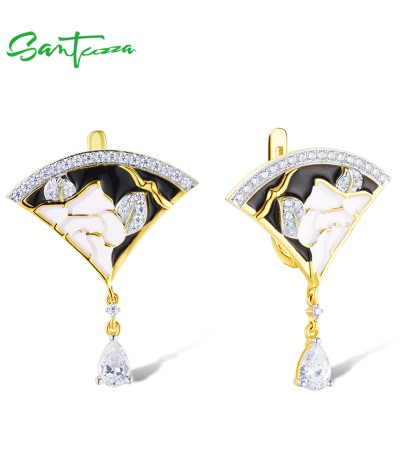 SANTUZZA 925 Sterling Silver Earrings Oriental Flower White/Black Enamel Fan Dangling Fine Jewelry