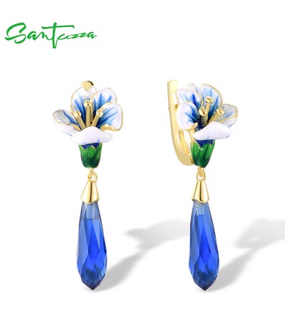 SANTUZZA 925 Sterling Silver Drop Earrings Blue Stones Handmade Enamel Flower Fine Jewelry