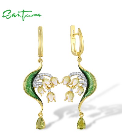 SANTUZZA 925 Sterling Silver Drop Earrings Green Stones White CZ Enamel Flower Fine Jewelry