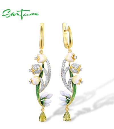 SANTUZZA 925 Sterling Silver Drop Earrings Green Stones White CZ Enamel Flower Fine Jewelry