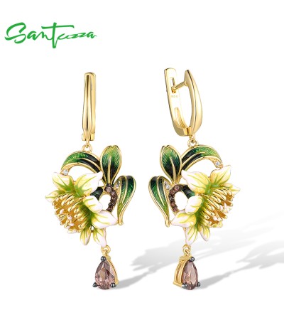 SANTUZZA 925 Sterling Silver Drop Earrings Chocolate White CZ Enamel Flower Jewelry