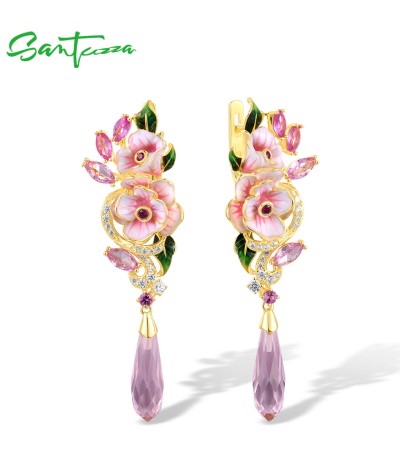 SANTUZZA 925 Sterling Silver Drop Earrings Red Pink Stones White CZ Enamel Flower Fine Jewelry