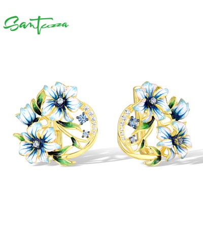 SANTUZZA 925 Sterling Silver Earrings Sparkling Spinel Enamel Little Blue Flower Jewelry