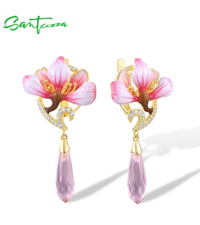 SANTUZZA 925 Sterling Silver Drop Earrings Pink Stones White CZ Flower Enamel Fine Jewelry