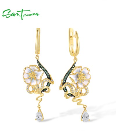 SANTUZZA 925 Sterling Silver Drop Earrings Green Spinel White CZ Enamel Flower Fine Jewelry