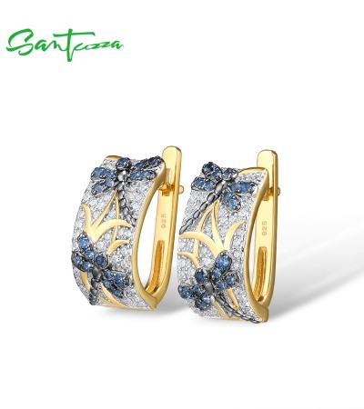SANTUZZA 925 Sterling Silver Earrings Blue Spinel Dragonfly Fine Jewelry