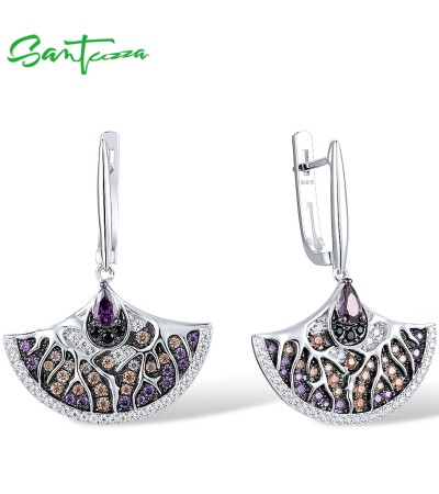 SANTUZZA Fan Shape Earrings 925 Sterling Silver Black White Amethyst CZ  Jewelry