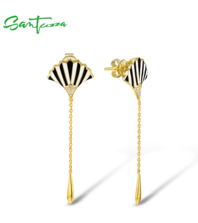 SANTUZZA 925 Sterling Silver Enamel Dangling Earrings White CZ Long Chain Fine Jewelry