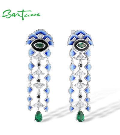 SANTUZZA 925 Sterling Silver Stud Earrings Green Spinel White CZ Jewelry Enamel