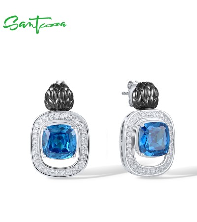 SANTUZZA 925 Sterling Silver Geometric Earrings Blue Glass White CZ Stud Earring Fine Jewelry