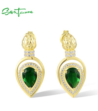 SANTUZZA 925 Sterling Silver Stud Earrings Green Glass White CZ Pear Shaped Fine Jewelry