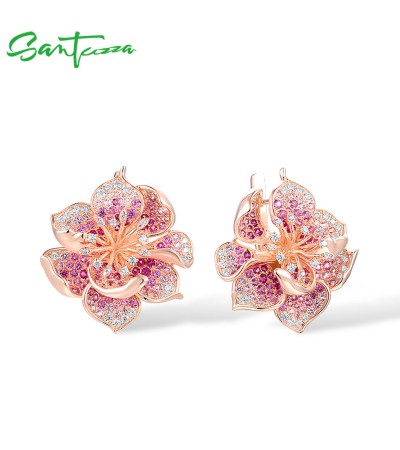 SANTUZZA 925 Sterling Silver Earrings For Women Lab Created Ruby Pink Sapphire White CZ Gradient Flower Jewelry 