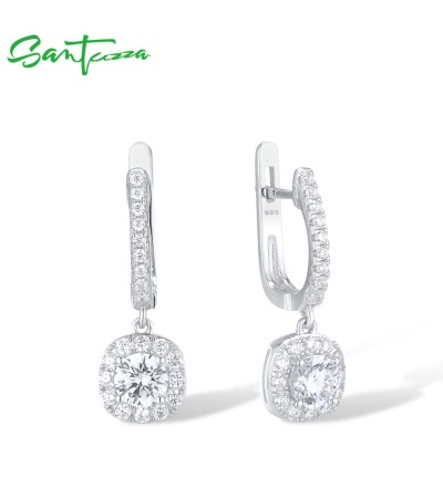 SANTUZZA 925 Sterling Silver Hoop Earrings White Cubic Zirconia Solitaire Fine Jewelry