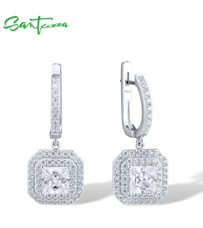 SANTUZZA 925 Sterling Silver Earrings White CZ Solitaire Princess Cut Dangling Fine Jewelry