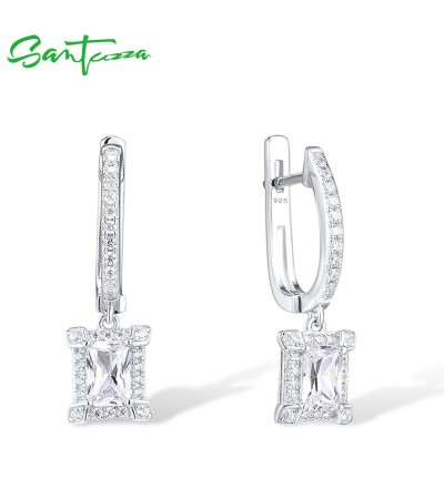 SANTUZZA 925 Sterling Silver Hoop Earrings White Cubic Zirconia Solitaire Fine Jewelry