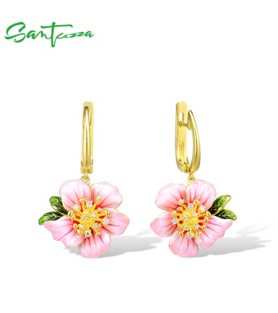 SANTUZZA 925 Sterling Silver Light Pink Blooming Flower Drop Earrings Jewelry Enamel