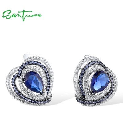 SANTUZZA Silver Earrings 925 Sterling Silver Heart Shimmering Blue CZ серьги Jewelry