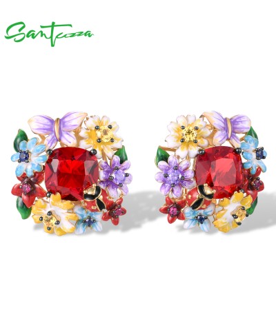 SANTUZZA 925 Sterling Silver Earrings Colorful Flowers Butterfly Ladybug Jewelry Enamel