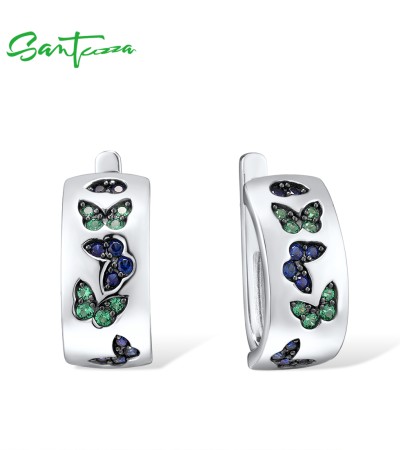 SANTUZZA 925 Sterling Silver Earrings Sparkling Blue&Green Spinel Lovely Butterfly Jewelry