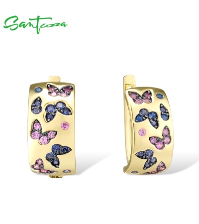 SANTUZZA 925 Sterling Silver Earrings Sparkling Blue&Pink Butterfly Jewelry