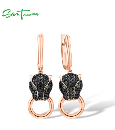 SANTUZZA 925 Sterling Silver Drop Earrings Black Spinel Leopard Panther Animal Jewelry