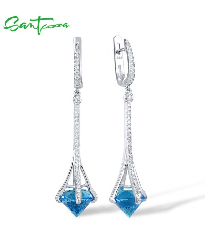 SANTUZZA 925 Sterling Silver Drop Earrings Blue Stone White Cubic Zirconia Fine Jewelry