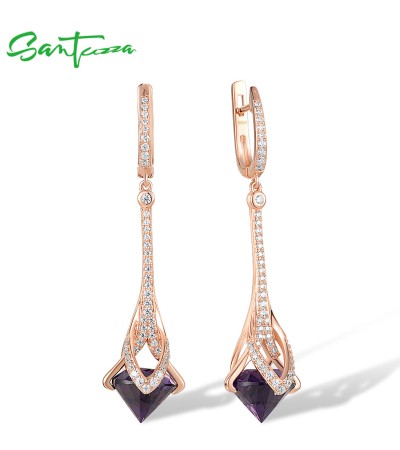 SANTUZZA 925 Sterling Silver Drop Earrings Purple Glass White Cubic Zirconia Dangling Earrings Jewelry